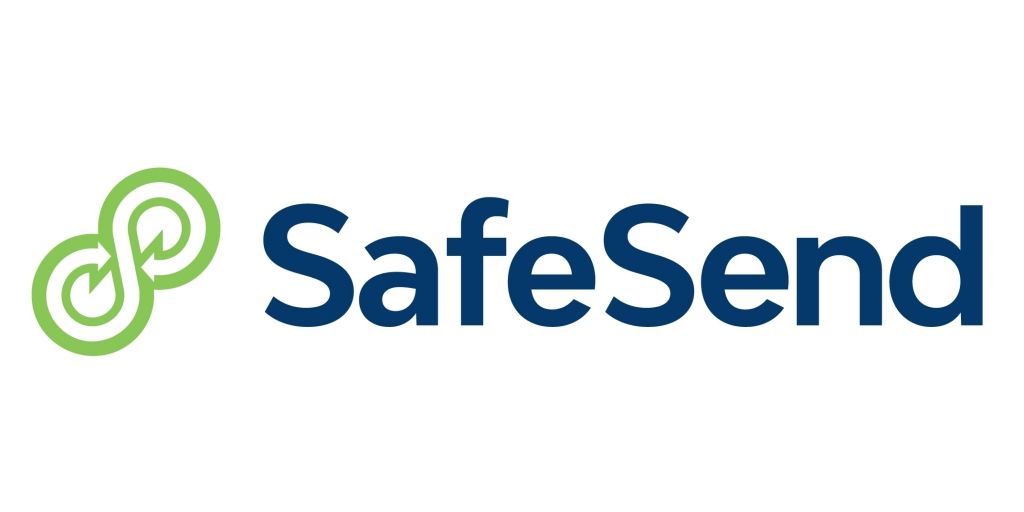 The safesend logo is blue and green with a green swirl.