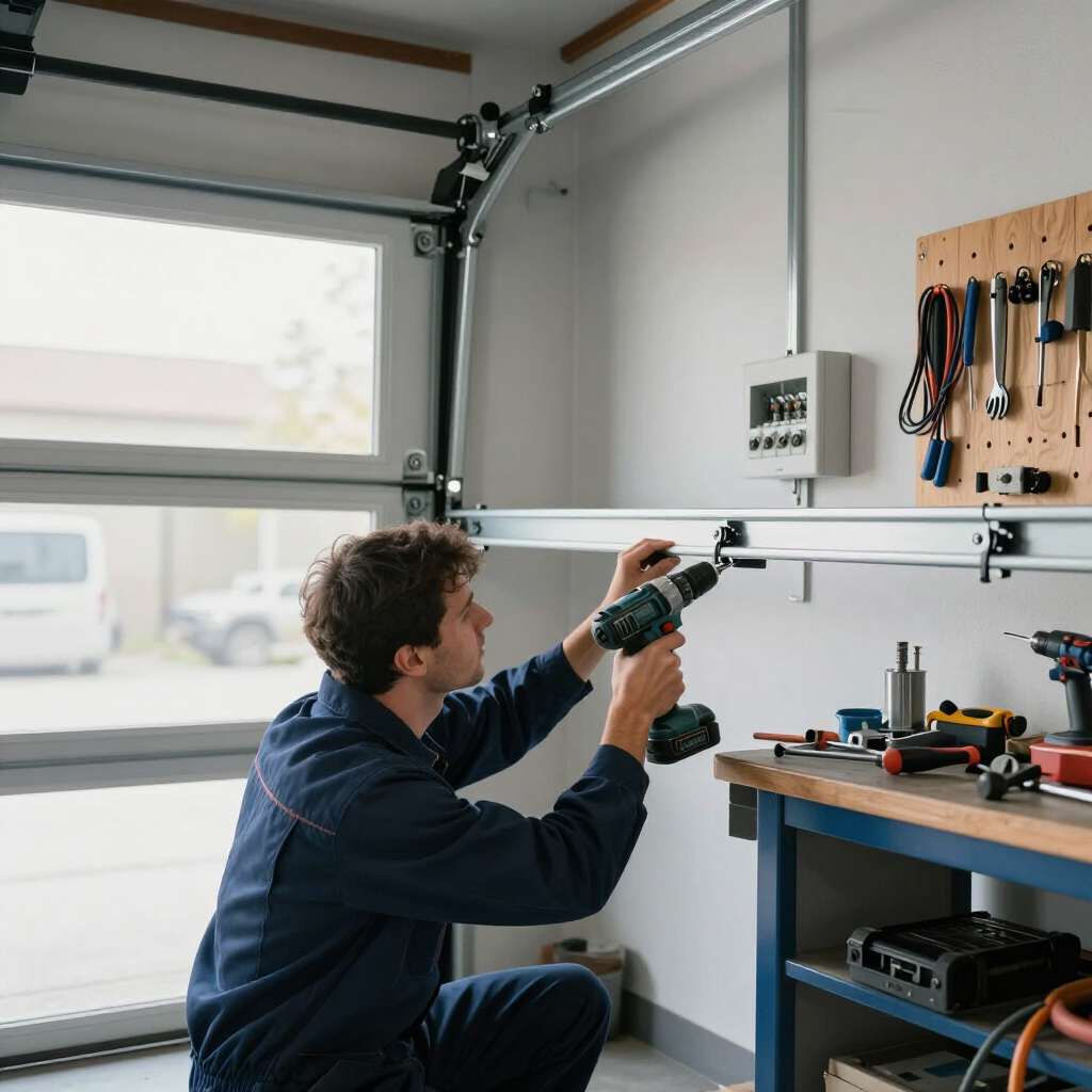 Technician adjusting a garage door opener in a workshop, with tools on a pegboard and a window nearby