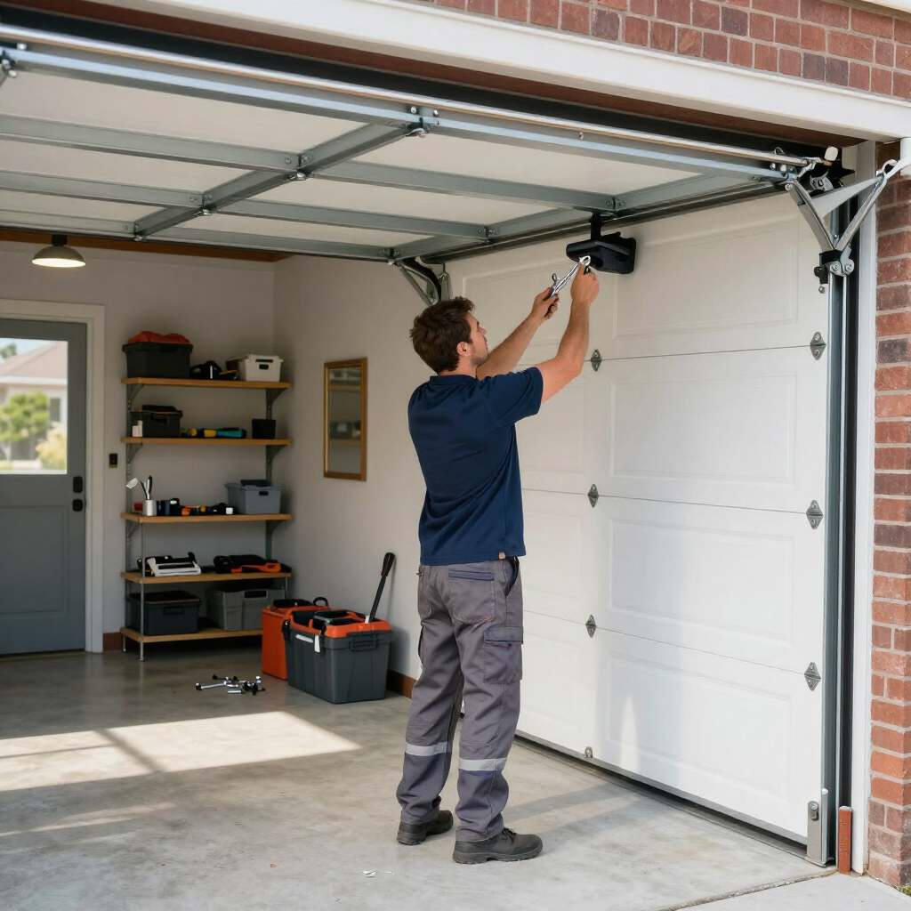 Person adjusting a garage door opener inside an open garage