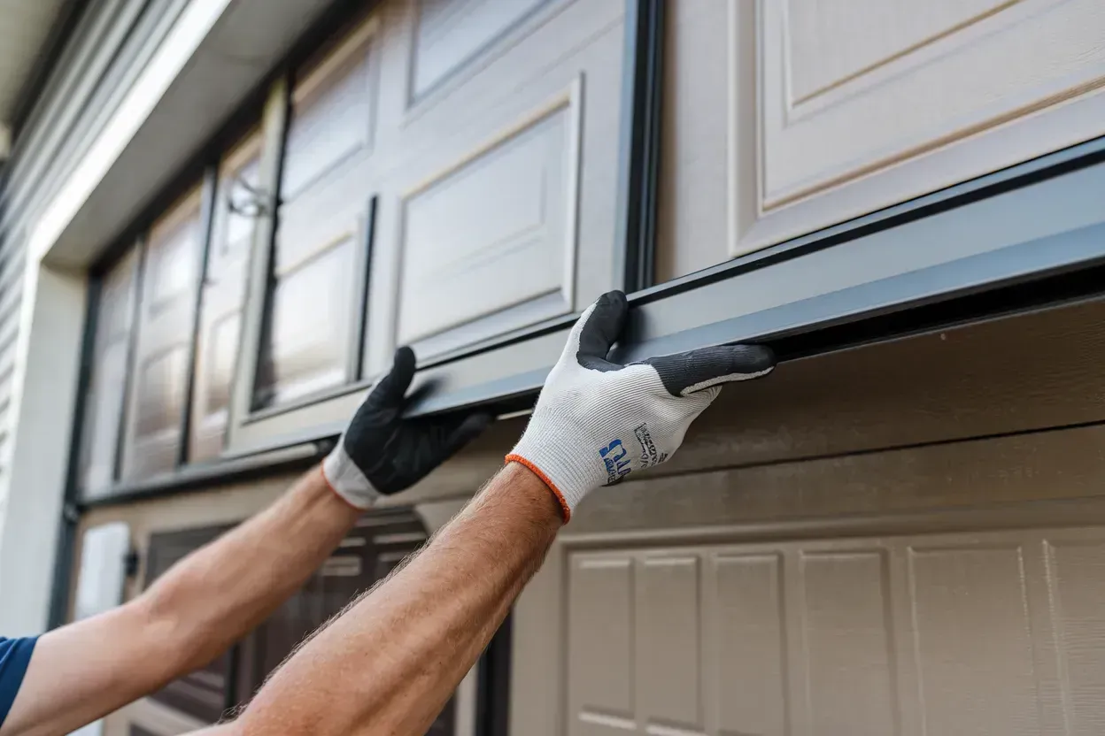 A white van is parked in a garage with a garage door open.