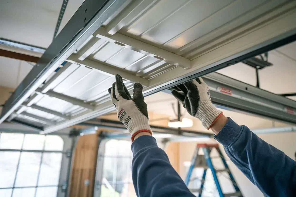 A man is using a drill to install a garage door.