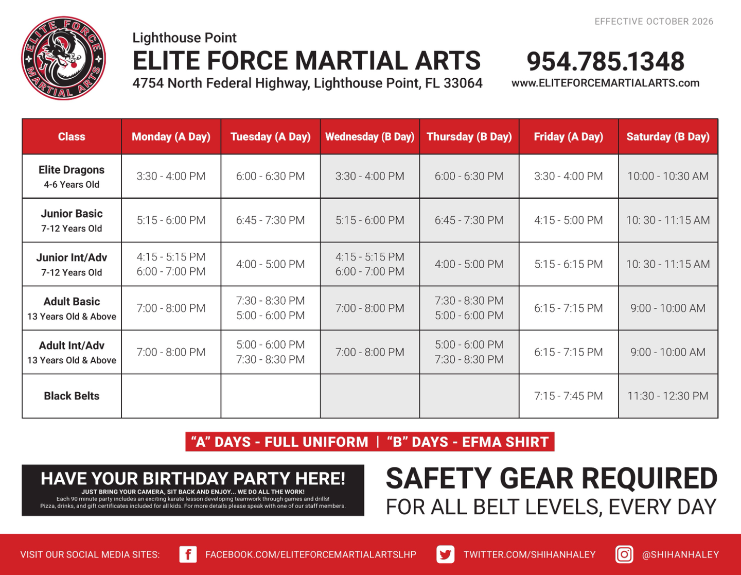 A flyer for elite force martial arts shows the schedule of classes and safety gear required for all belt levels.