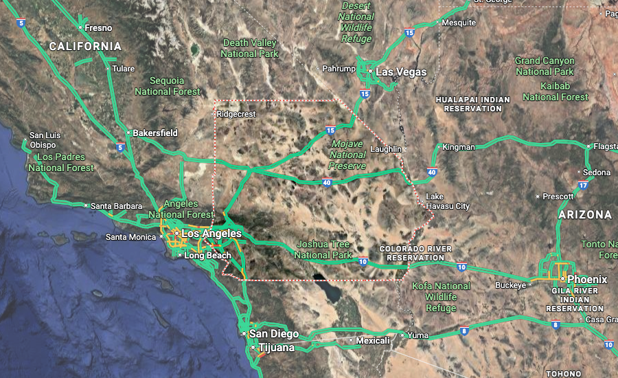 Map of California and Arizona with green highlighted highways.