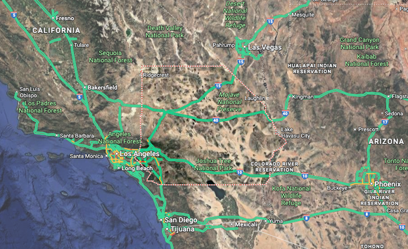 Map of California and Arizona with green highlighted highways.