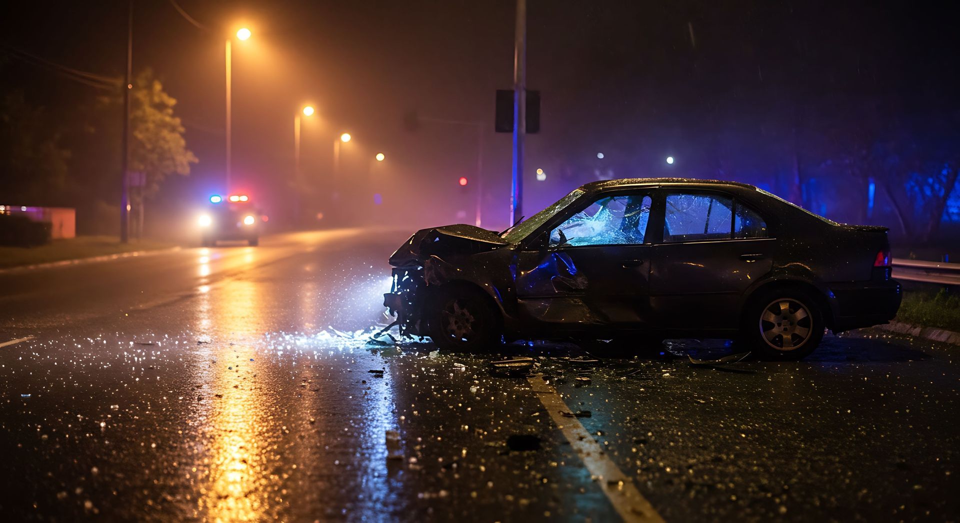 Car accident scene at night; damaged vehicle, police car with flashing lights, street lights.