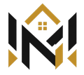 Stylized black and gold house logo with a roof and window