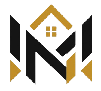 Stylized black and gold house logo with a roof and window
