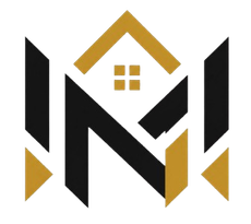 Stylized black and gold house logo with a roof and window