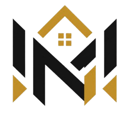 Stylized black and gold house logo with a roof and window