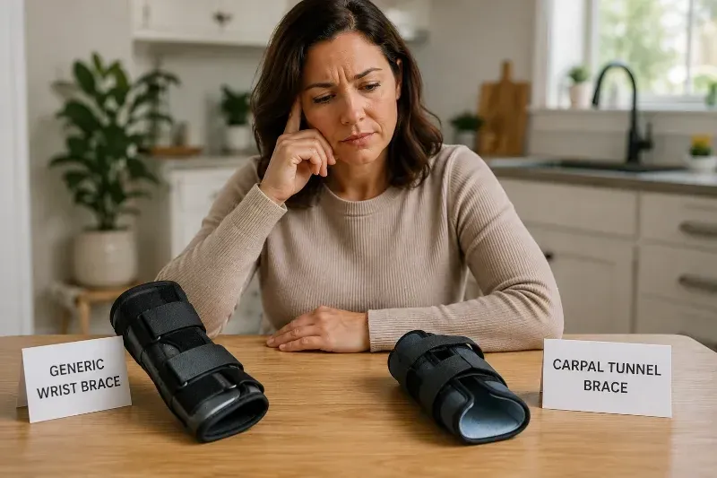woman deciding on a wrist brace