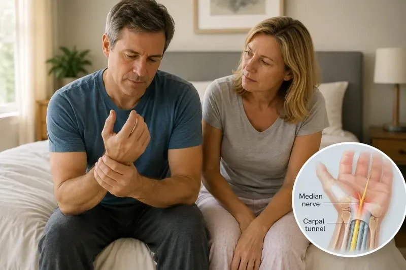 man and woman sitting on bed