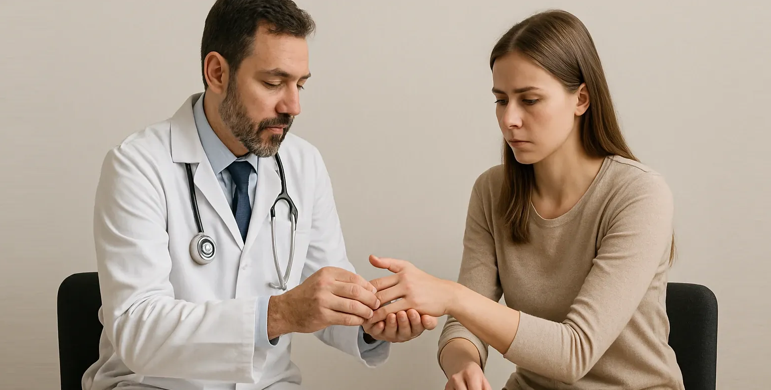 doctor examines a patient's hand