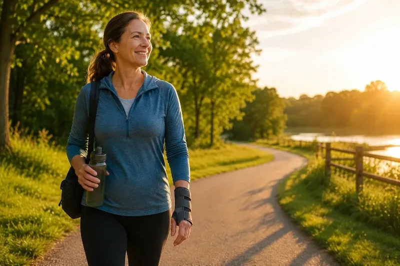 happy woman with brace strolling