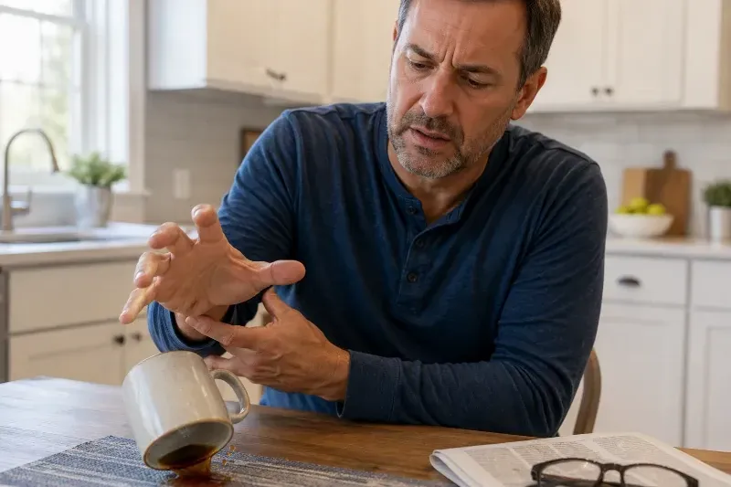 man drops coffee mug