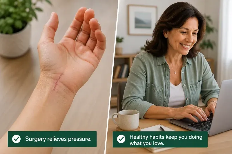 surgical scar on the hand and woman typing
