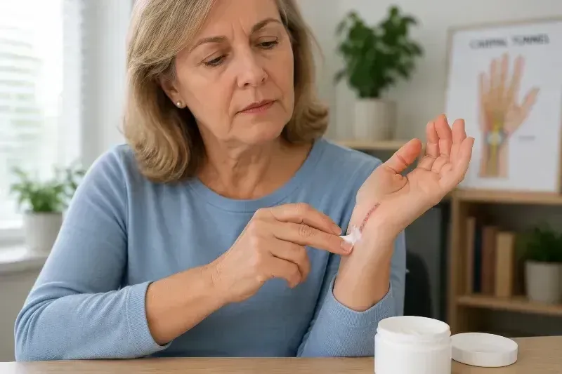 woman applying cream to carpal tunnel surgery scar
