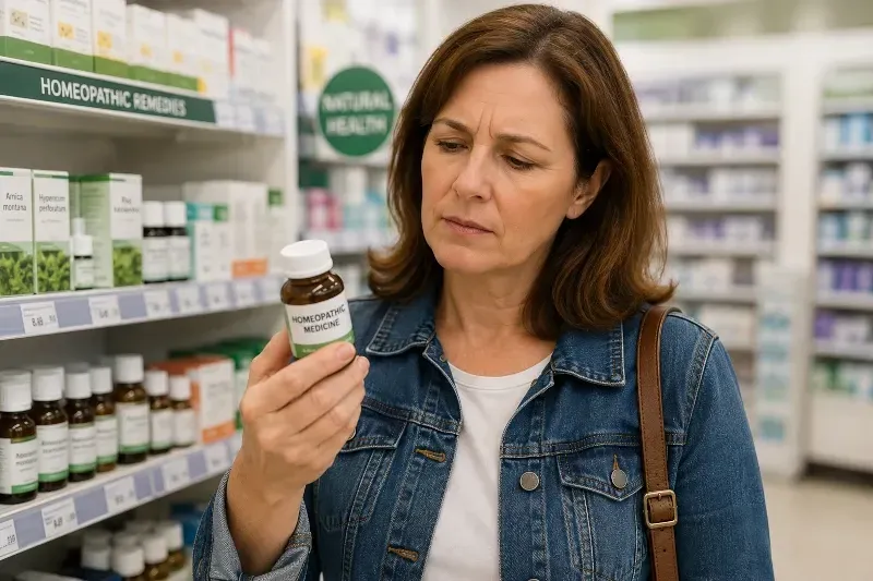 woman inspecting homeopathic aisle