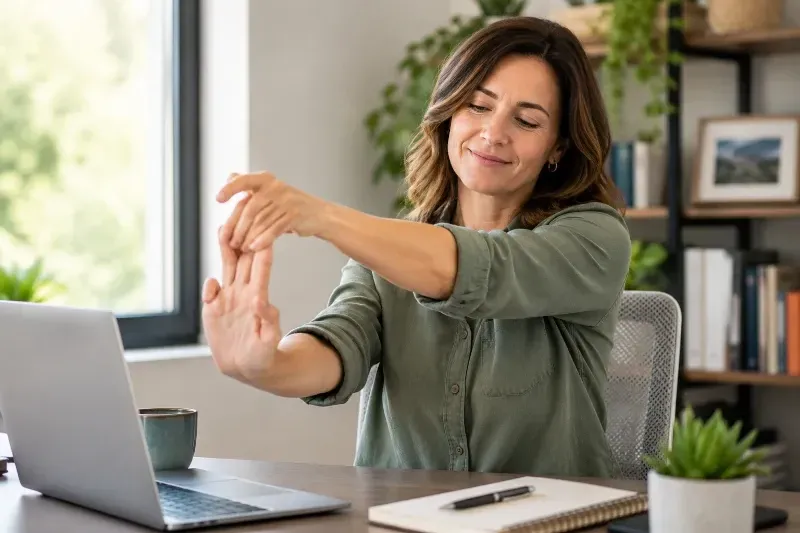 female strtetching her fingers at her desk