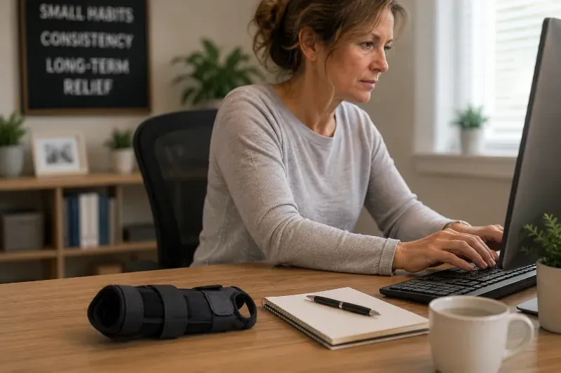 woman typing with unused brace