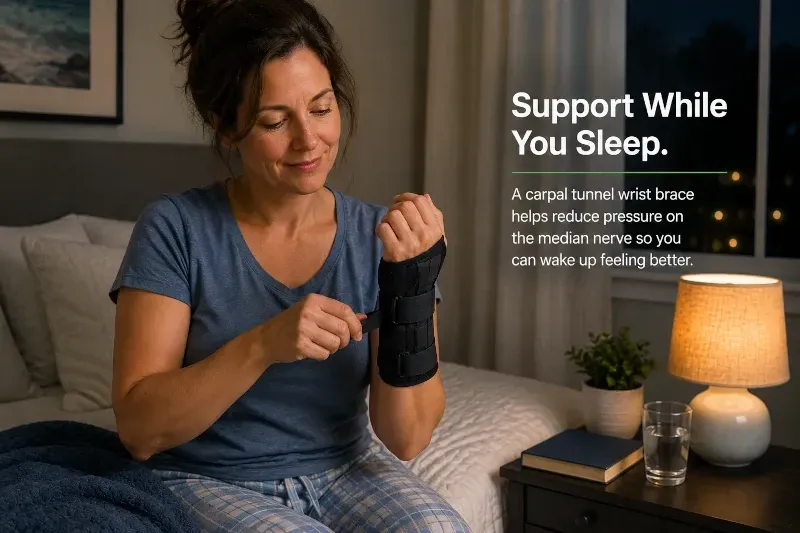woman adjusting her wrist brace at night