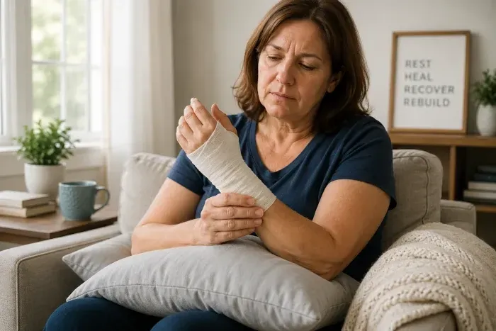woman with elevated and bandaged hand