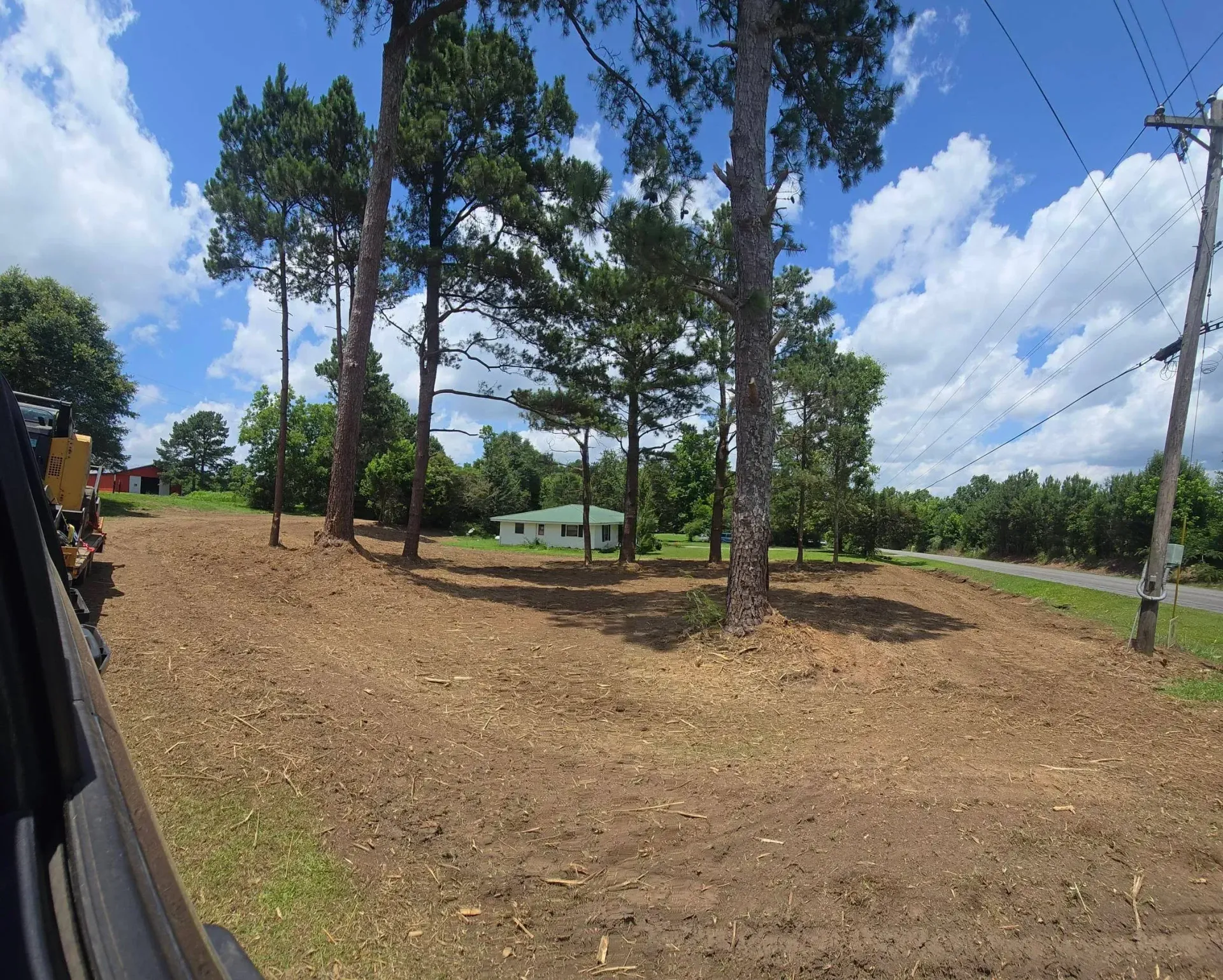 Dry grassy field with tall trees, a small green building, and blue sky with clouds