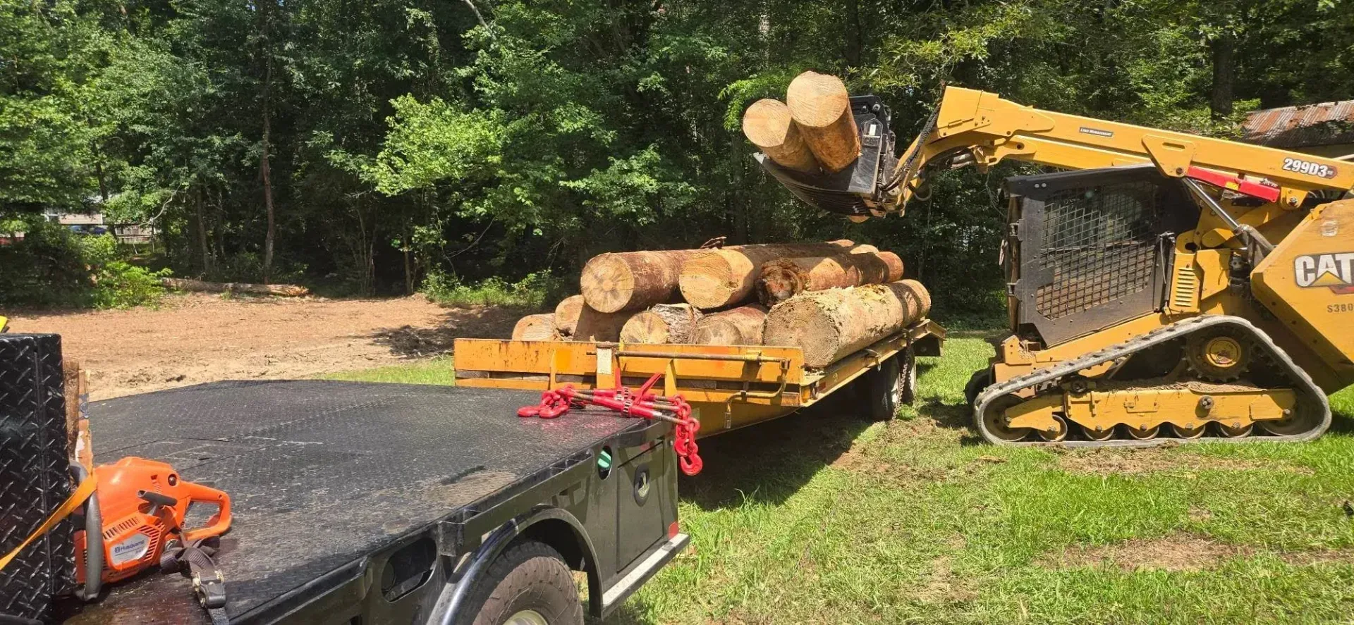Yellow CAT skid steer lifting logs onto a flatbed trailer in a wooded yard