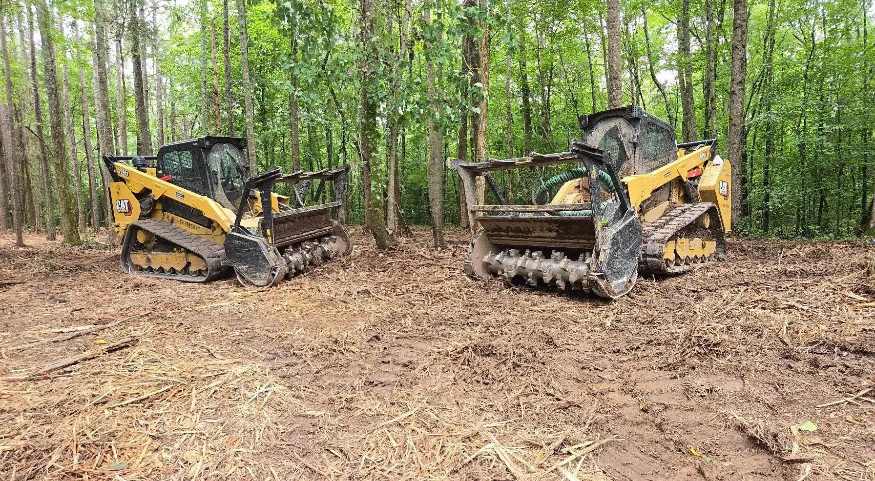 Two yellow skid steer loaders on a cleared forest floor, facing each other among trees.