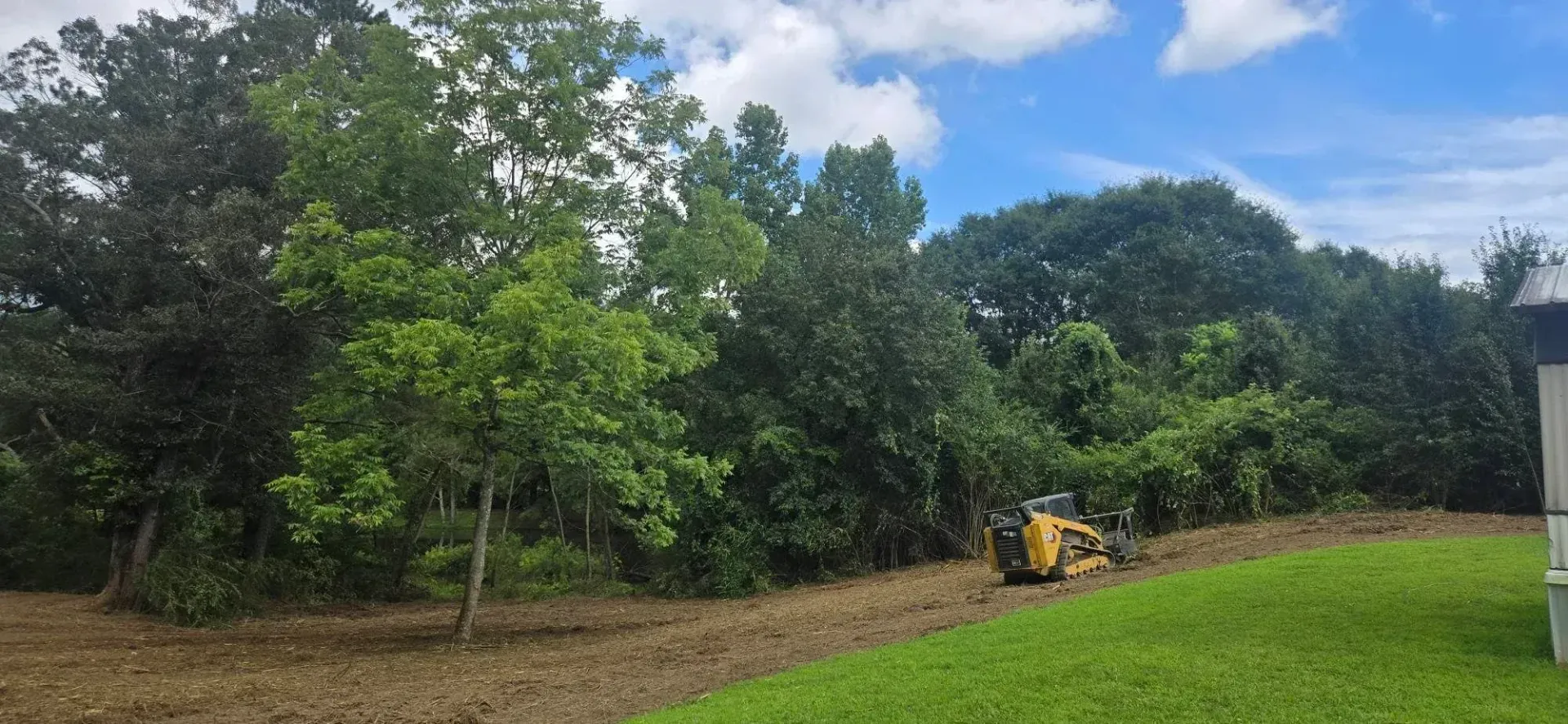 A yellow excavator clears soil beside a grassy lawn and dense green trees.