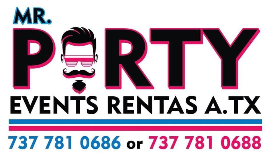 Logo for "Mr. Porty" events featuring a stylized face icon and contact numbers 737-781-0686 or 737-781-0688 in pink and blue.
