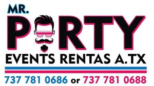 Logo for "Mr. Porty" events featuring a stylized face icon and contact numbers 737-781-0686 or 737-781-0688 in pink and blue.