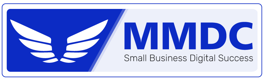 A blue and white logo for mmdc small business digital success
