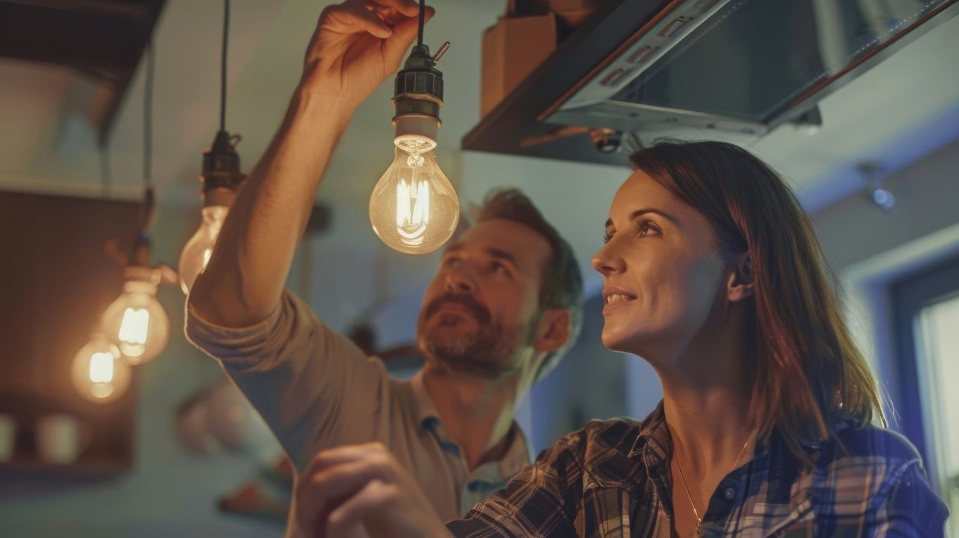a couple changing a lightbulb
