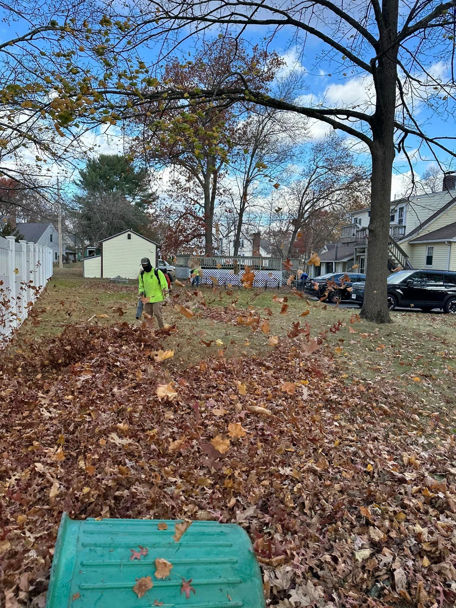 A man is blowing leaves in a yard with a leaf blower.