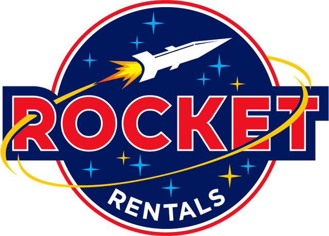 A logo for rocket rentals with a rocket on it