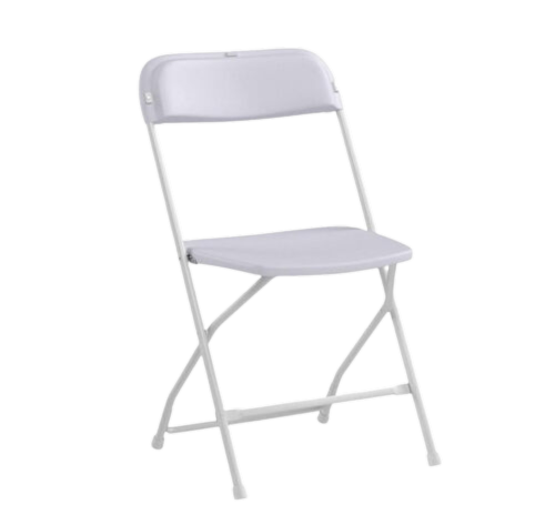 A white folding chair with a white seat and back on a white background.