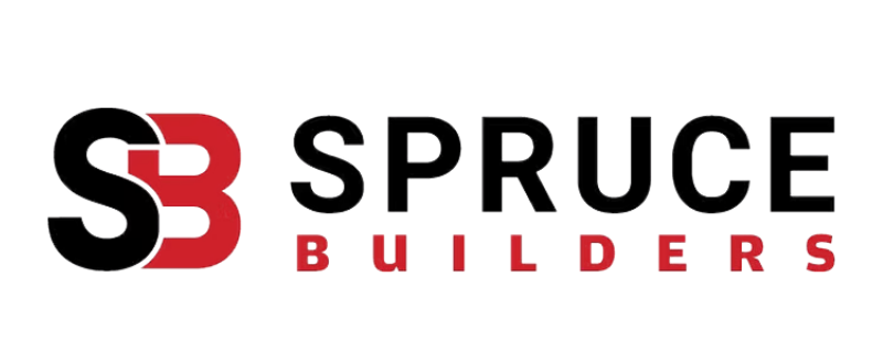 Spruce Builders logo with black and red SB monogram and wordmark on white background