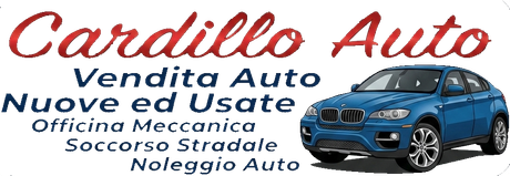 Cardello Auto banner with blue car, Italian text: vendita auto nuove e usate, officina meccanica, soccorso stradale