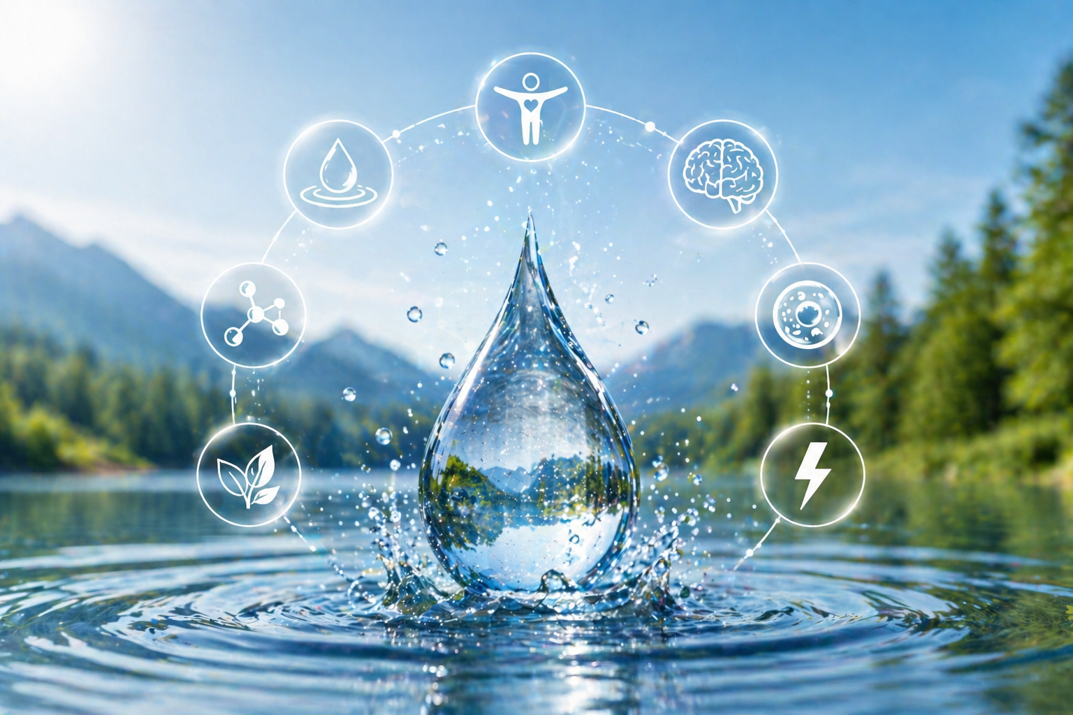 Gota de agua sobre un lago que representa hidratación, bienestar y agua viva.