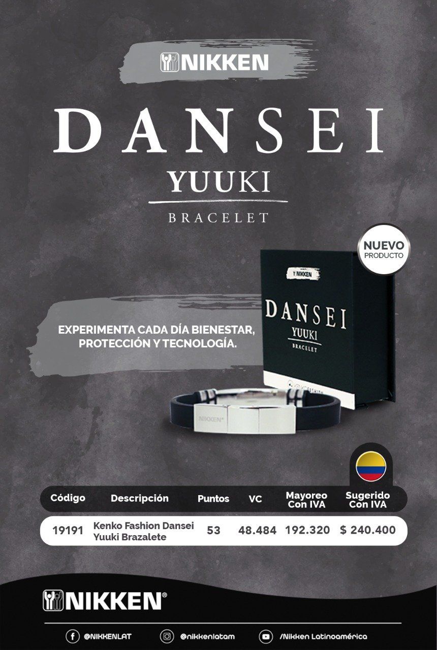 Anuncio del producto Nikken Dansei Yuuki con caja negra, dispositivo plateado y texto blanco en negrita sobre fondo oscuro.
