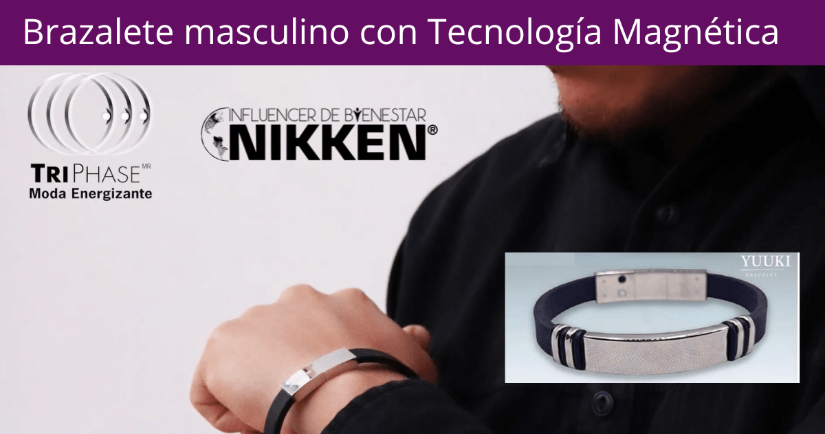Publicidad de brazalete masculino con tecnología magnética, mostrando un hombre con pulsera plateada negra.
