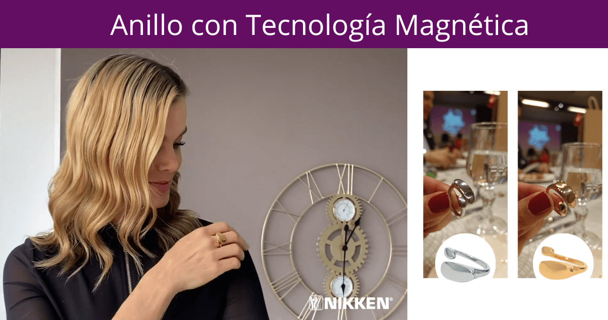 Mujer mostrando un anillo con tecnología magnética junto a una mesa decorativa y dos vistas del anillo.