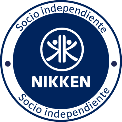 Logotipo de Nikken con emblema circular blanco y texto “Socio independiente” sobre fondo azul oscuro.