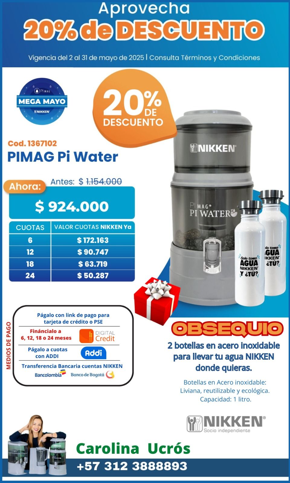 Anuncio promocional de un purificador de agua con un 20% de descuento, precio y botellas sobre un fondo azul.