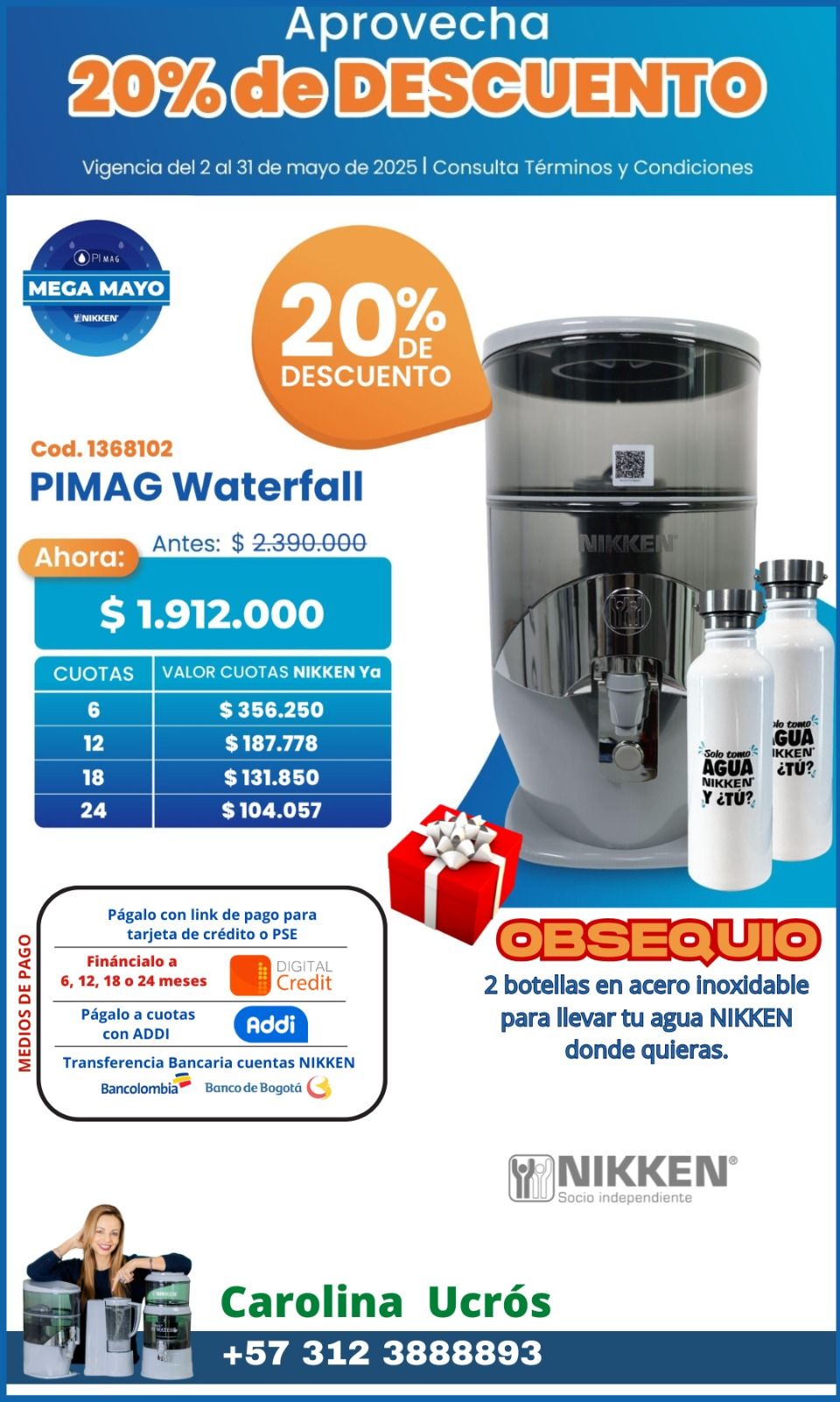Promoción de 20% de descuento en máquina de agua Nikken con botellas y precio destacado.