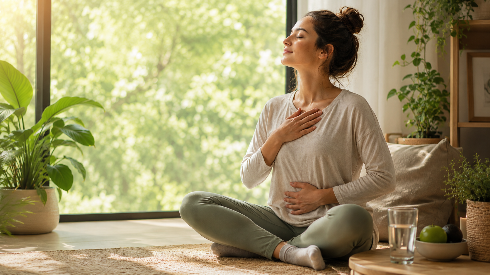 Mujer escuchando su cuerpo mientras medita en casa, rodeada de plantas y luz natural.