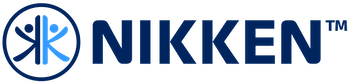 Logotipo de NIKKEN en azul con un icono circular y una figura humana estilizada.