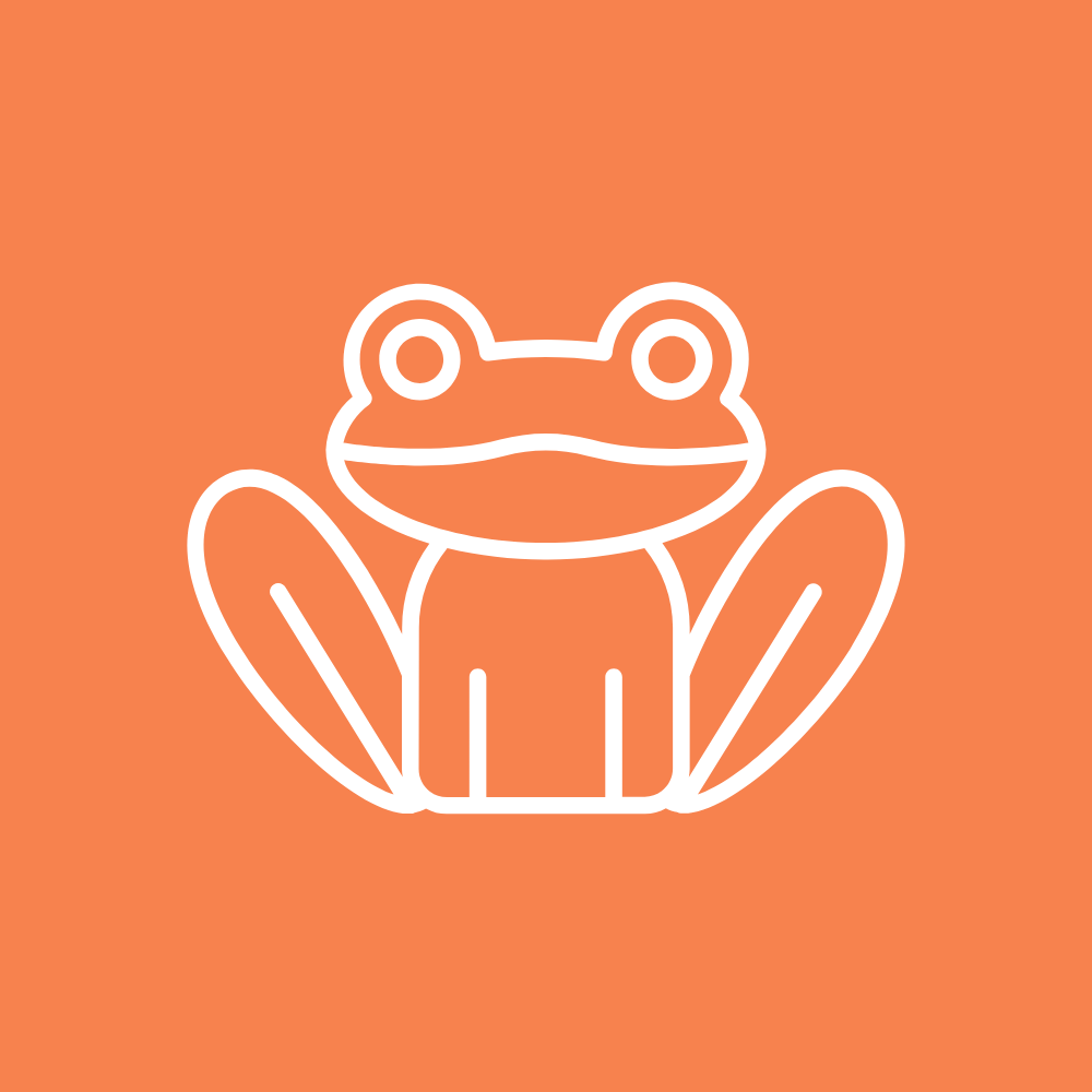 A line drawing of a frog with leaves on an orange background.