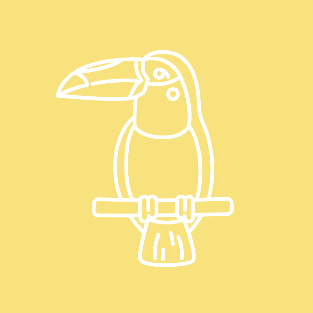 A toucan is sitting on a branch on a yellow background.