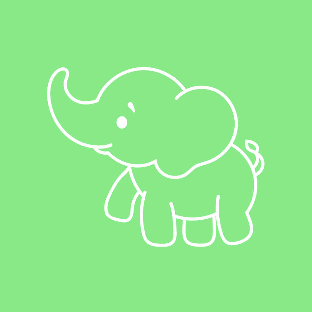A white line drawing of an elephant on a green background.